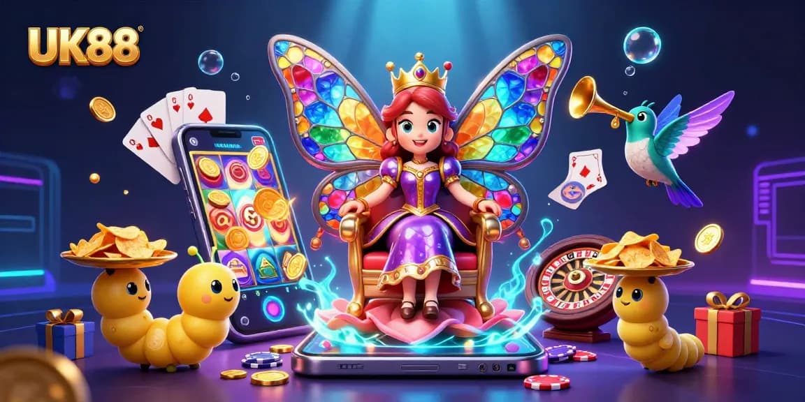 Engage with UK88's casino fun, featuring a vibrant butterfly queen and interactive gaming elements.