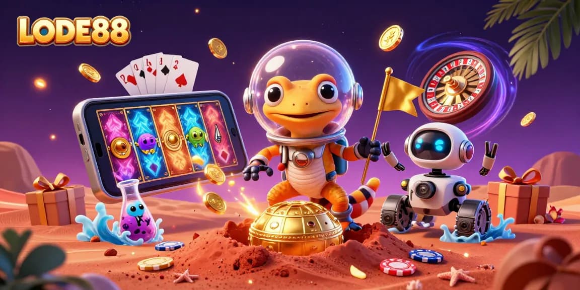 Experience thrilling wins at LODE88 with a Martian gecko in a vibrant casino landscape.