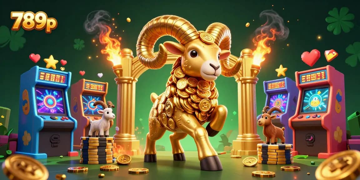 Experience thrilling gameplay at 789p with a lively illustration of an energetic golden ram amidst a carnival of arcade games and casino gems.