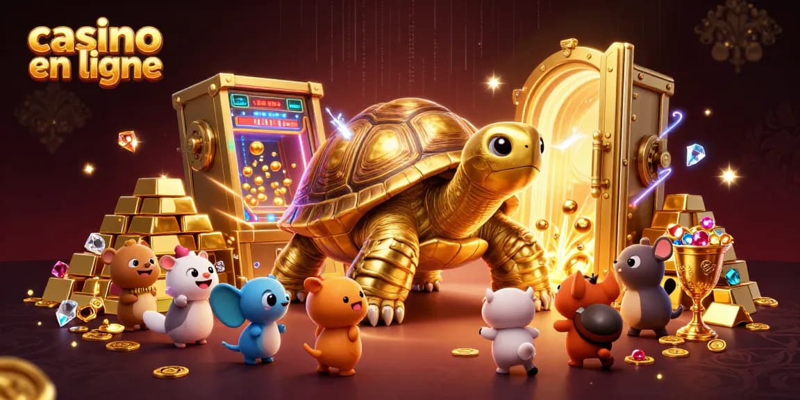 Participer au casino en ligne avec une tortue géante dorée comme machine de pinball entourée de trésors.