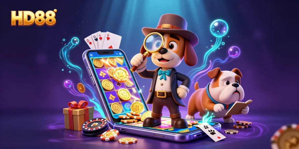 Engage with HD88 featuring a detective and bulldog in a casino scene with poker chips and vibrant games.