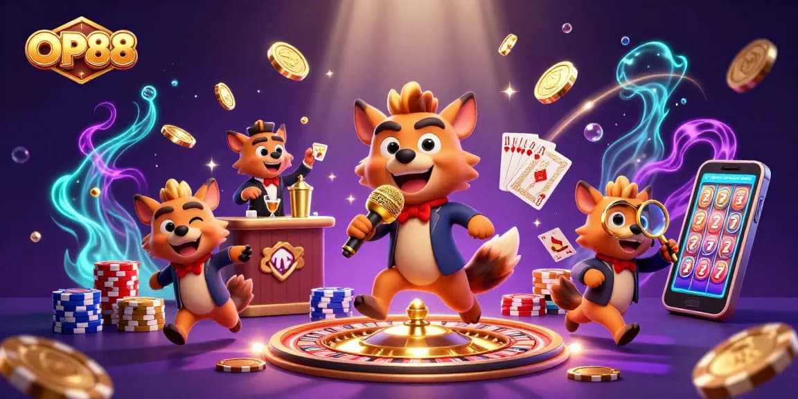 Experience the fun at OP88 with hyenas in a vibrant casino scene featuring games and comedy!