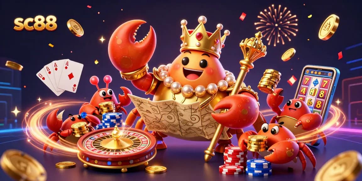 Experience thrilling gameplay with sc88 featuring a crab emperor and poker elements in a vibrant casino scene.
