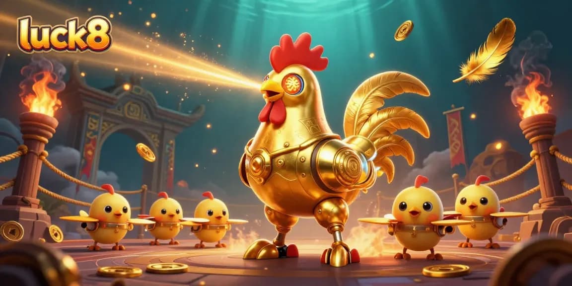 Engage in thrilling gameplay at luck8 with golden rooster robot surrounded by betting tokens and vibrant casino action.