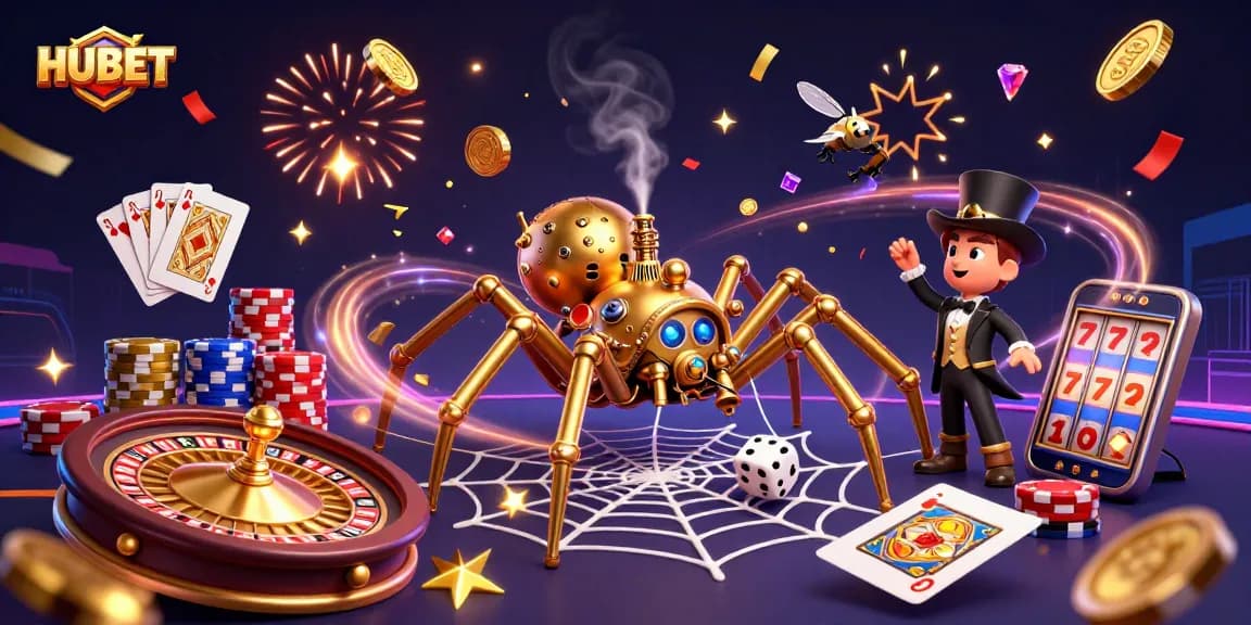 HUBET players enjoy an engaging 3D gaming experience with coins, cards, and roulette imagery.