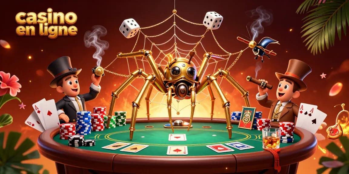 Découvrez le monde des casinos en ligne à travers cette illustration captivante où un archnide en steampunk tisse son destin.
