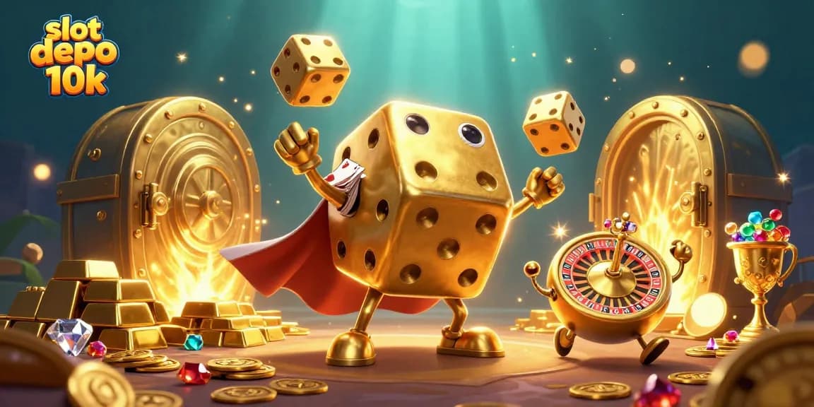 Experience the excitement of slot depo 10k with golden dice golem and treasure in a vibrant scene.