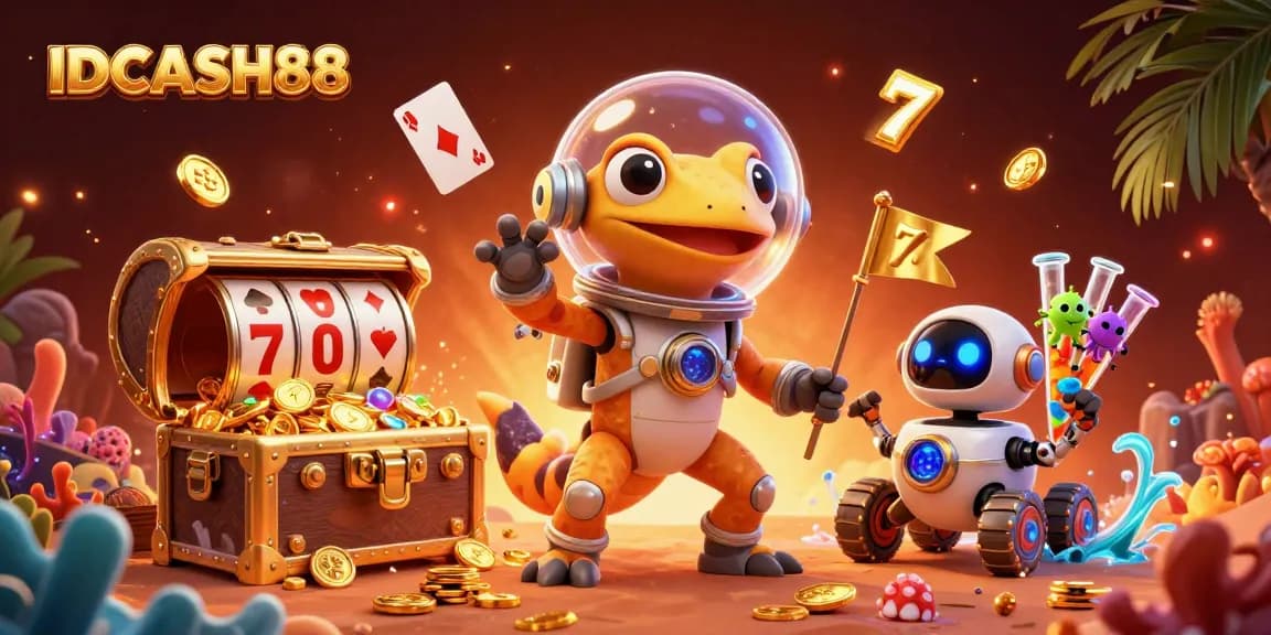 Experience the excitement of IDCASH88 with a dynamic casino scene on Mars, featuring slot reels and golden treasures.