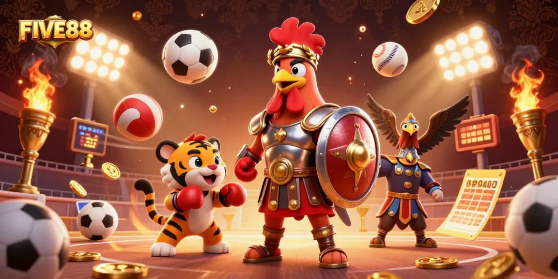 Win exciting games and big prizes at FIVE88 with this vibrant casino scene illustration.