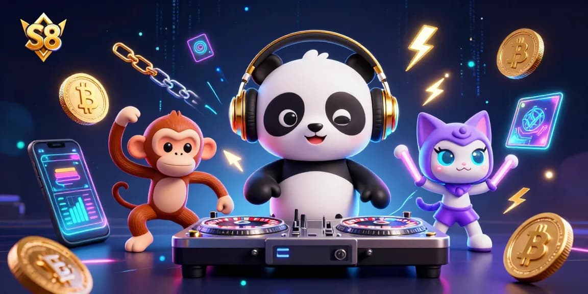 S8 players enjoy vibrant casino action with a DJ panda, monkey, and kitten in a lively scene.
