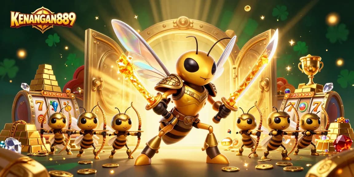 Experience KENANGAN889's captivating slot reels with a golden hornet samurai and bee archers.