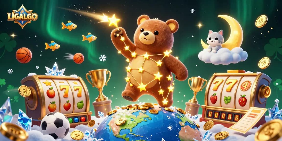 LIGALGO showcases an enchanting 3D illustration featuring a golden constellation bear and playful cosmic elements.