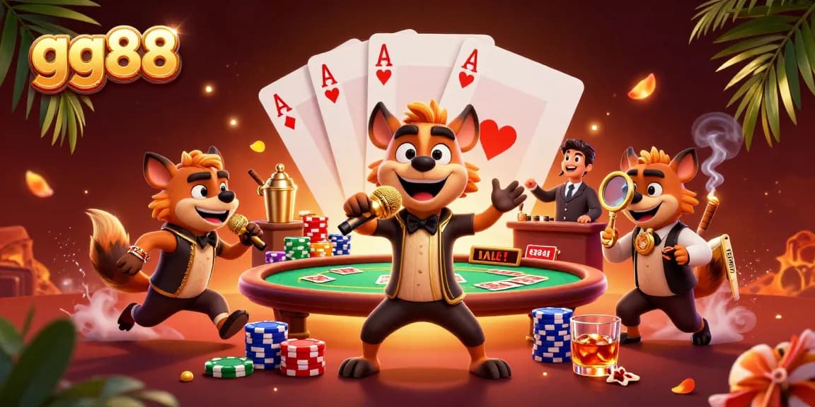 Engage with exciting casino entertainment at gg88 in vivid cartoon style, featuring vibrant hyena characters.