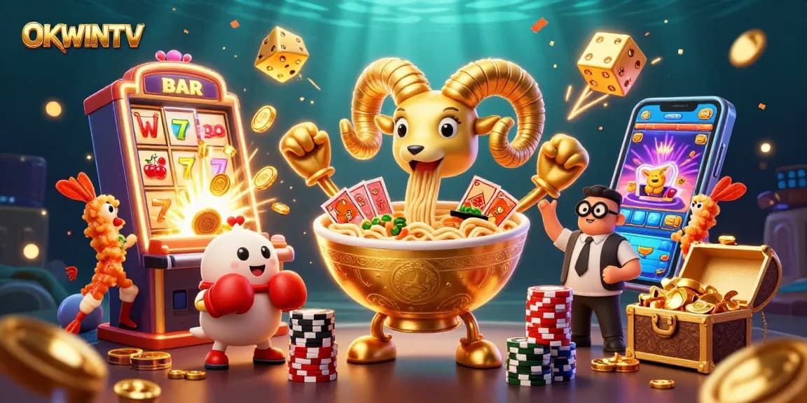 Experience the thrilling action of OKWINTV with a vibrant gambling scene featuring dynamic characters and exciting elements.
