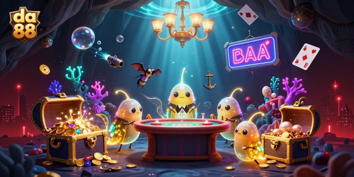 Experience the excitement at da 88 casino with glowworms, treasures, and playing cards in a vibrant scene.