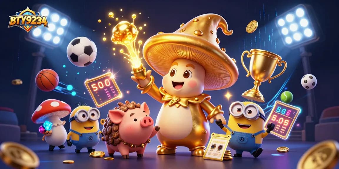 Engage with BTY9234's exciting sports betting scene featuring a magical wizard, gold treasures, and dynamic sports elements.