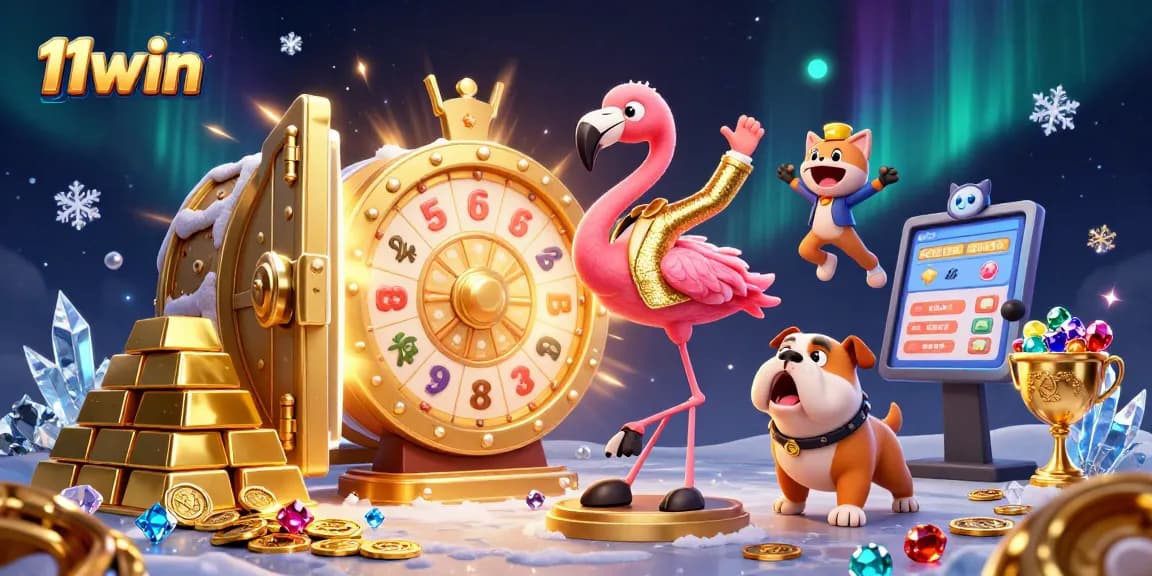 11win captures excitement with a vibrant game show scene featuring a flamingo host, bulldog contestant, and sparkling prizes.