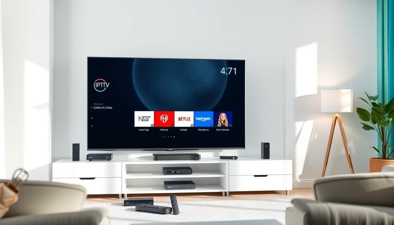 Experience free iptv trial in a modern home entertainment setup showcasing IPTV options.