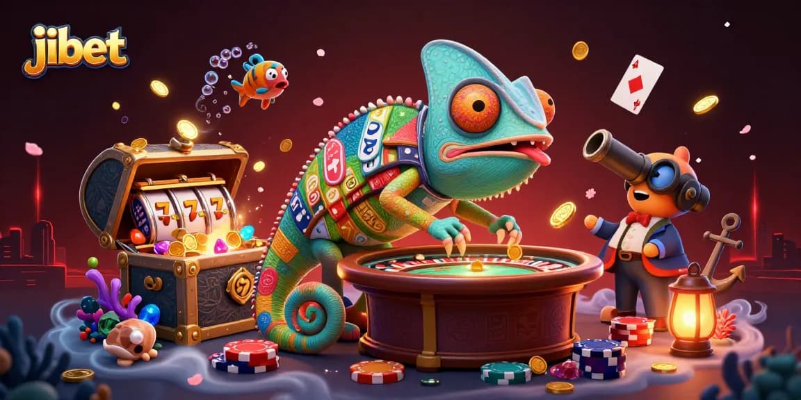 Play thrilling games at Jibet, where the chameleon casino owner collects golden coins amidst vibrant slot reels.