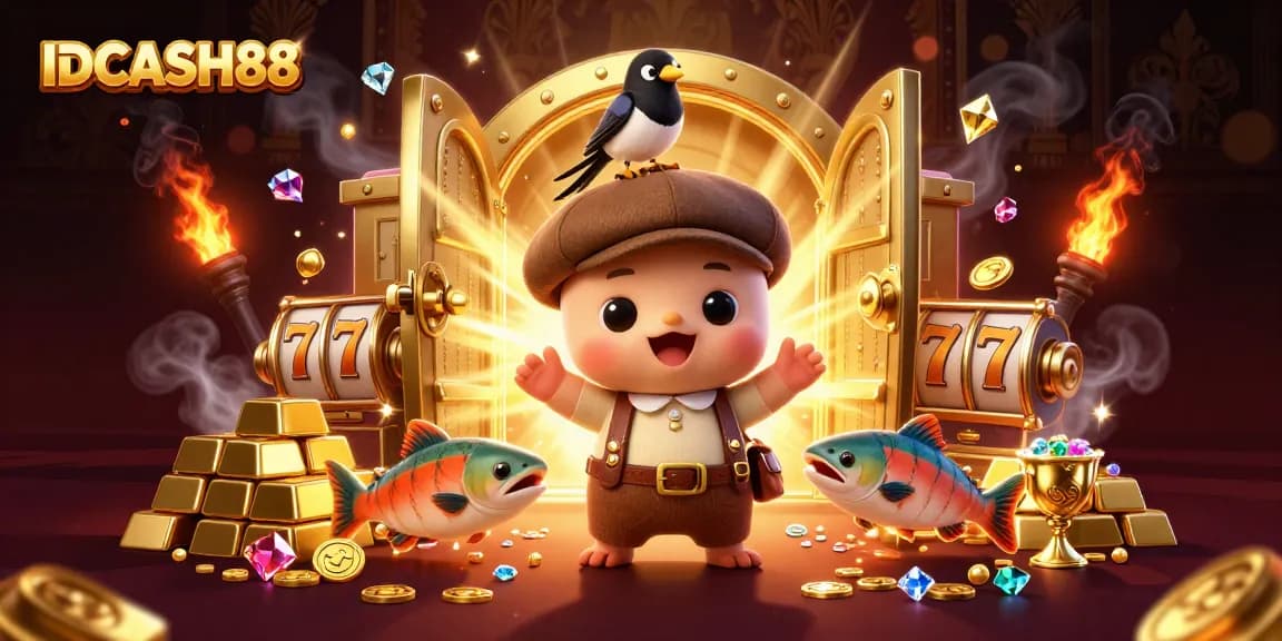 IDCASH88 offers a playful scene with colorful characters and dynamic slot elements highlighting online casino excitement.