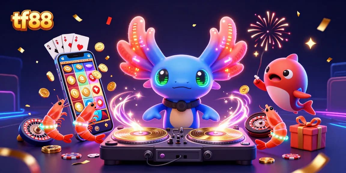 Engage with tf88's vibrant casino elements, featuring an axolotl DJ spinning games and celebrating