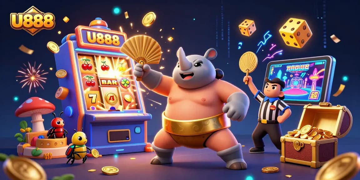 Experience fun at U888 with a thrilling jackpot scene featuring dynamic slot machines and excited characters.