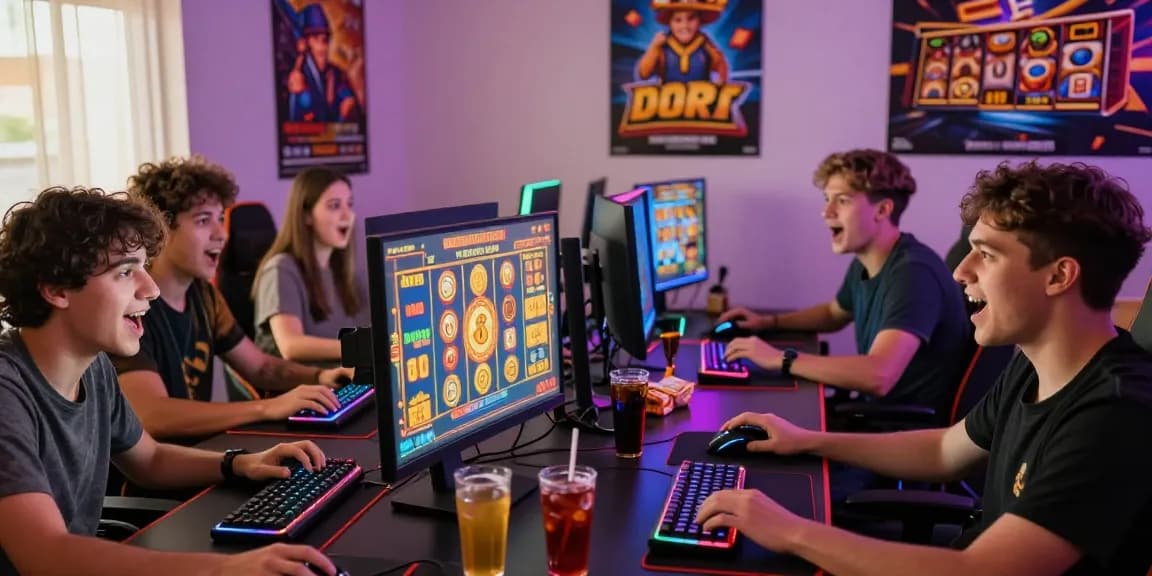 Friends enjoying an exciting online slot gaming session, showcasing vibrant graphics and gaming equipment.
