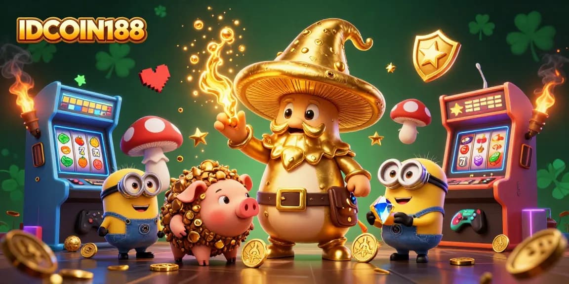 Join IDCOIN188 in a vibrant casino scene featuring a golden mushroom wizard and treasures galore!