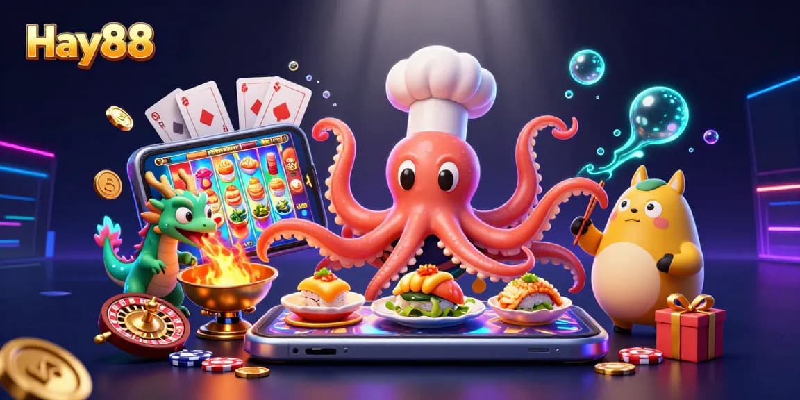 Hay88 displays a vibrant casino scene with an octopus chef, dragon, and tanuki creating a dynamic atmosphere.