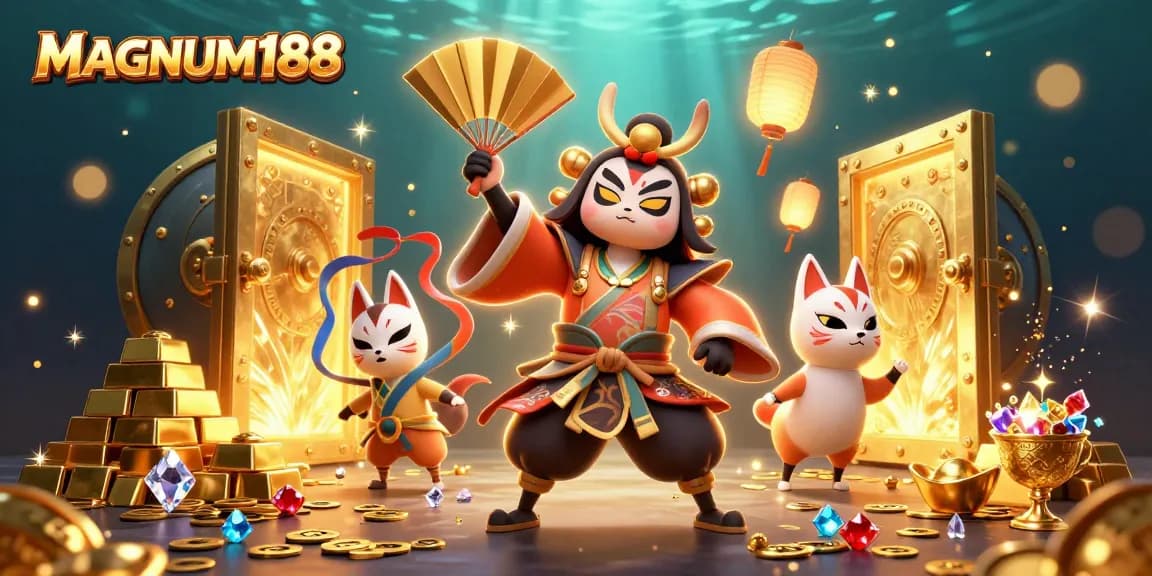 Engage in thrilling gameplay at MAGNUM188 with vibrant casino characters and rich treasure visuals.