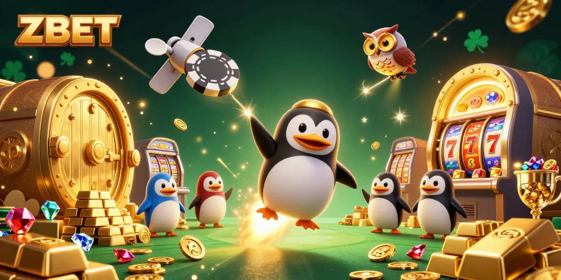 ZBET casino illustration featuring a rocket-powered penguin amidst gold coins and slot machines.