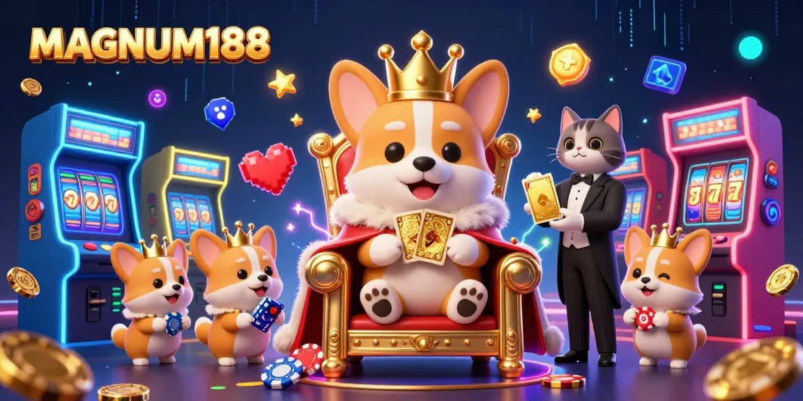 Play at MAGNUM188 with a royal corgi, vibrant game elements, and a dazzling casino atmosphere.