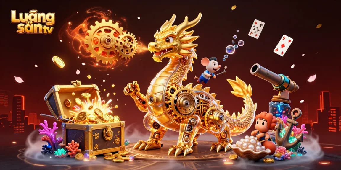 Lương sơn tv offers an engaging scene with a golden dragon and colorful gaming treasures.