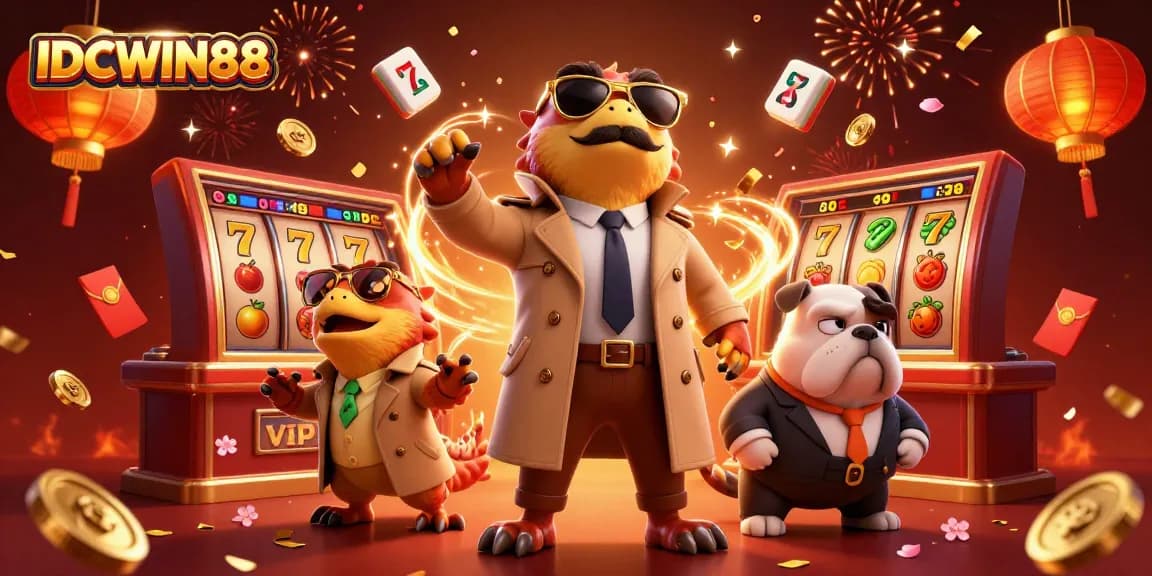 Experience the excitement of IDCWIN88 with cartoon raptors in a trench coat entering a VIP casino, surrounded by gaming elements