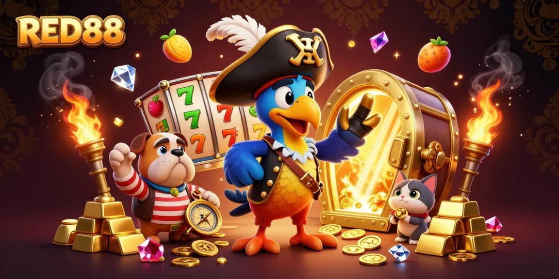 Engage with exciting slot reels and treasures at RED88's lively pirate-themed casino.