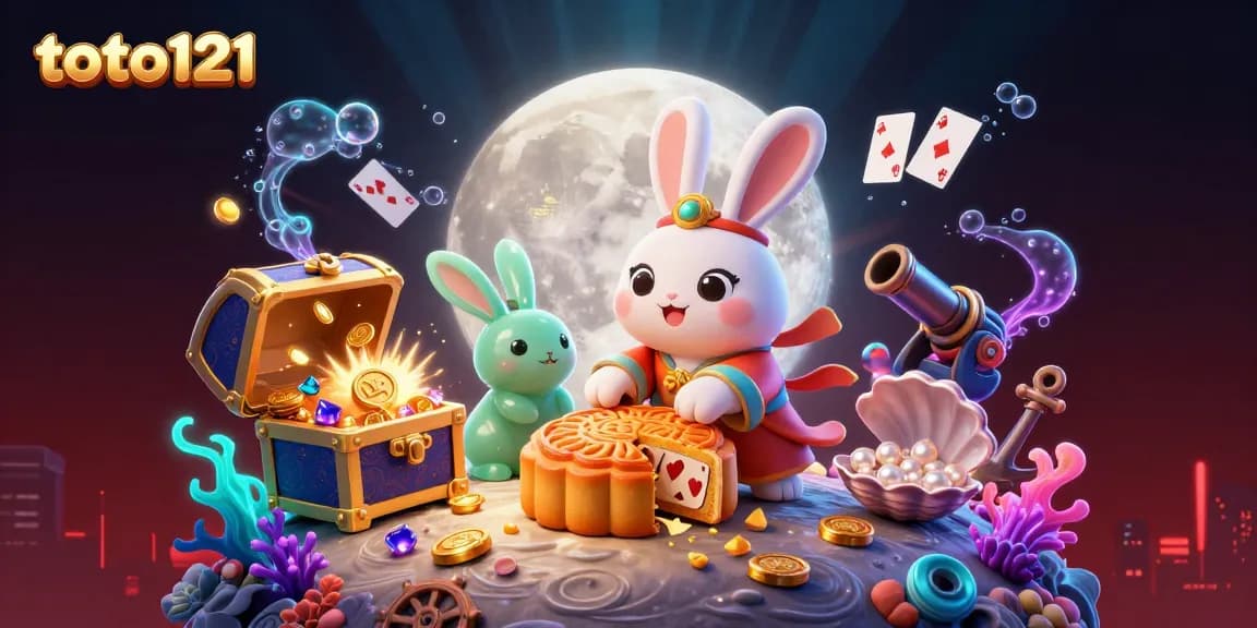 toto121 showcases the moon rabbit on a lunar landscape revealing poker chips with vibrant casino elements.