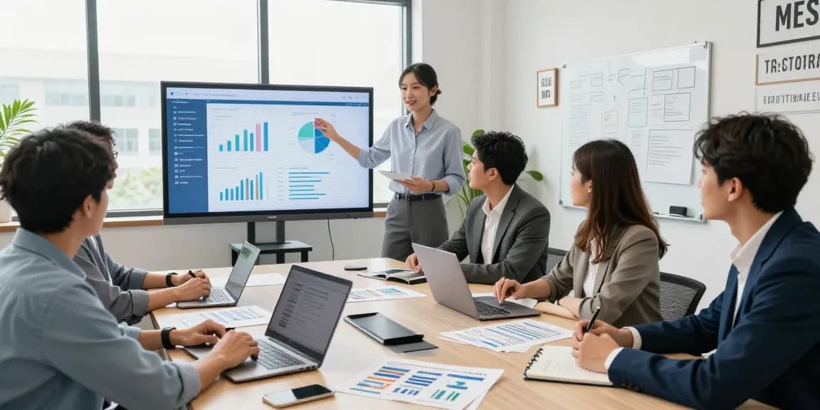 Fractional CMO consults with a startup team on effective SEO strategy in a bright meeting room.