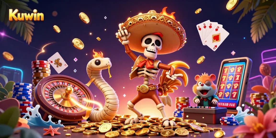 Kuwin celebrates with festive characters amid golden coins and casino elements in a vibrant 3D scene