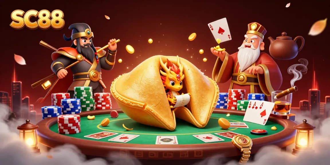 Engage with SC88’s thrilling poker scene featuring a giant fortune cookie and wise dragon in action.