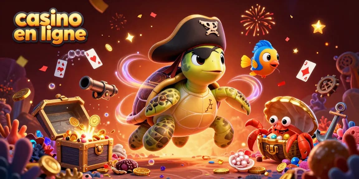 Plongez dans l'univers des casinos en ligne avec cette illustration dynamique de personnages marins autour d'un trésor sous-marin.