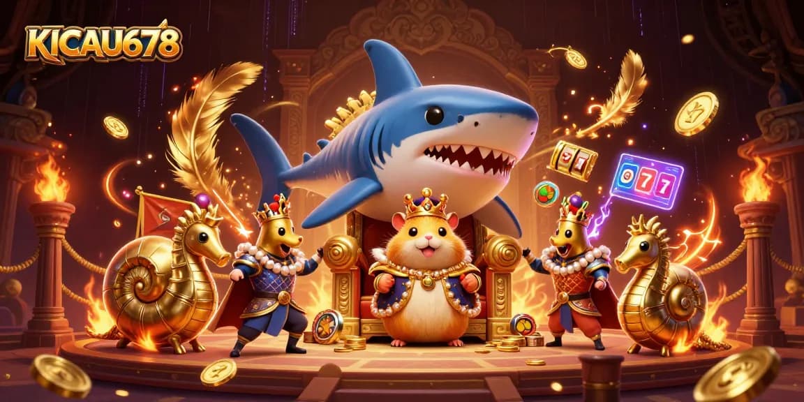 KICAU678 invites players to engage with a fierce golden hamster king in a vibrant casino-themed scene.