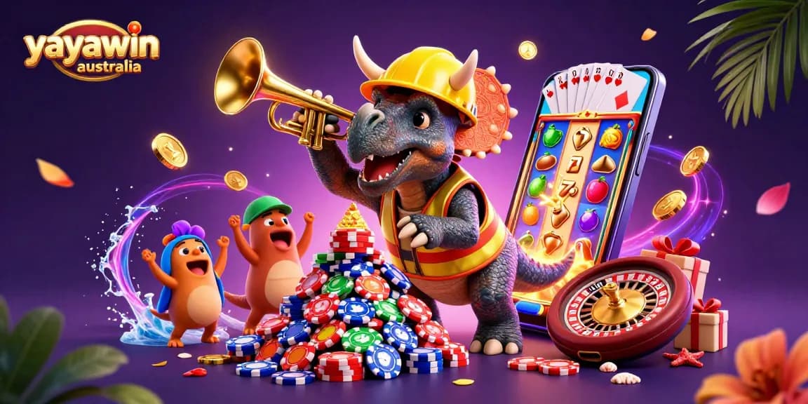 Celebrate wins with yayawin australia in a vibrant 3D casino scene featuring exciting slot games and festive characters.