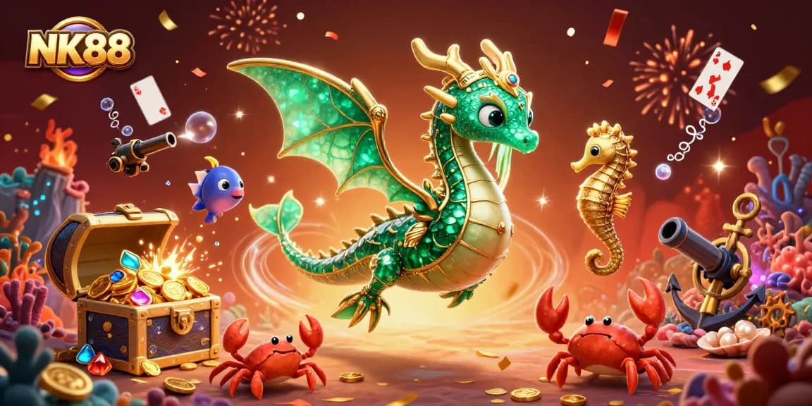 Join the excitement at NK88 with a vibrant underwater casino scene full of treasures and dynamic gaming elements.
