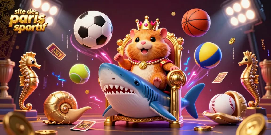 Vivez l'action sur le site de paris sportif avec ce roi hamster en couronne de corail entouré de ballons de sport.