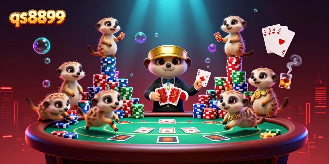 Meerkats operating a vibrant casino scene showcasing qs8899 with colorful poker elements.