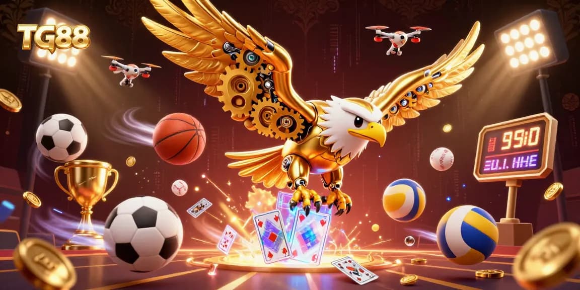 TG88 promotes exciting casino gaming with a cybernetic eagle diving through holographic cards.