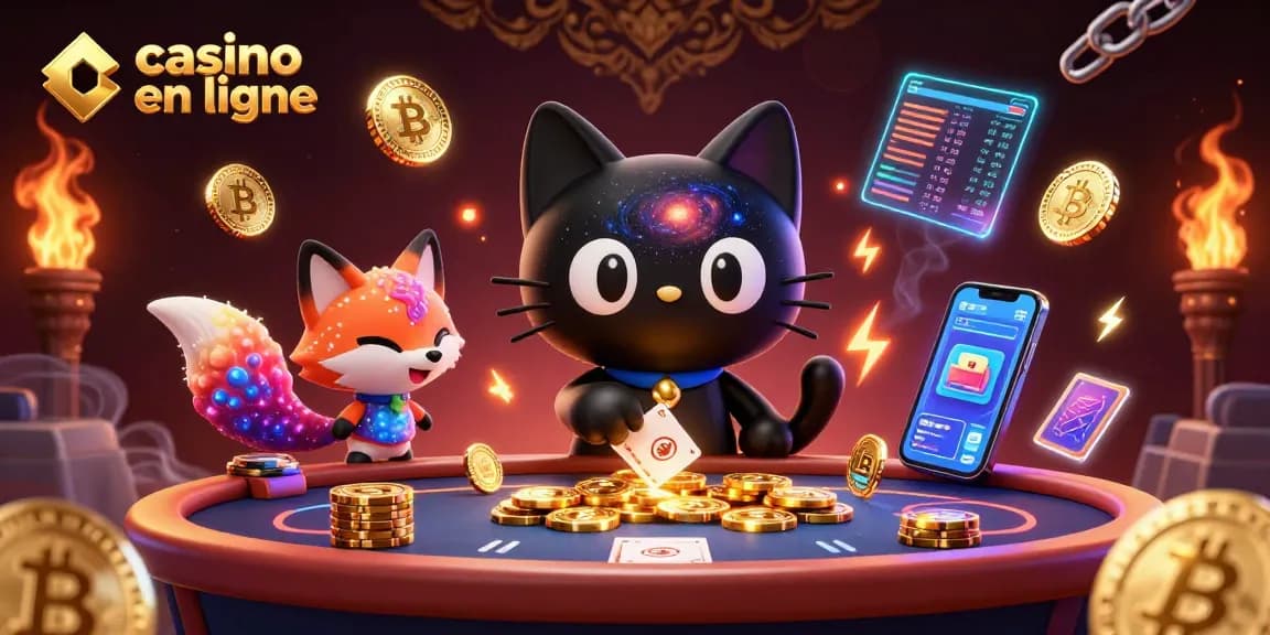 Casino en ligne : un chat noir cosmique attire des jetons d'or sur une table animée.