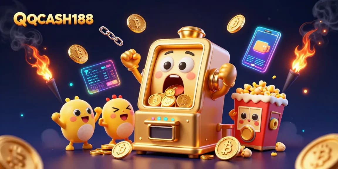 QQCASH188's golden slot machine celebrates hitting a jackpot as coins pour out, surrounded by crypto elements.