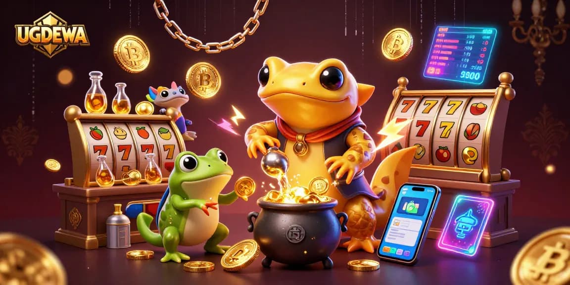 Engage with UGDEWA in a vibrant scene featuring a golden salamander alchemist and slot elements.