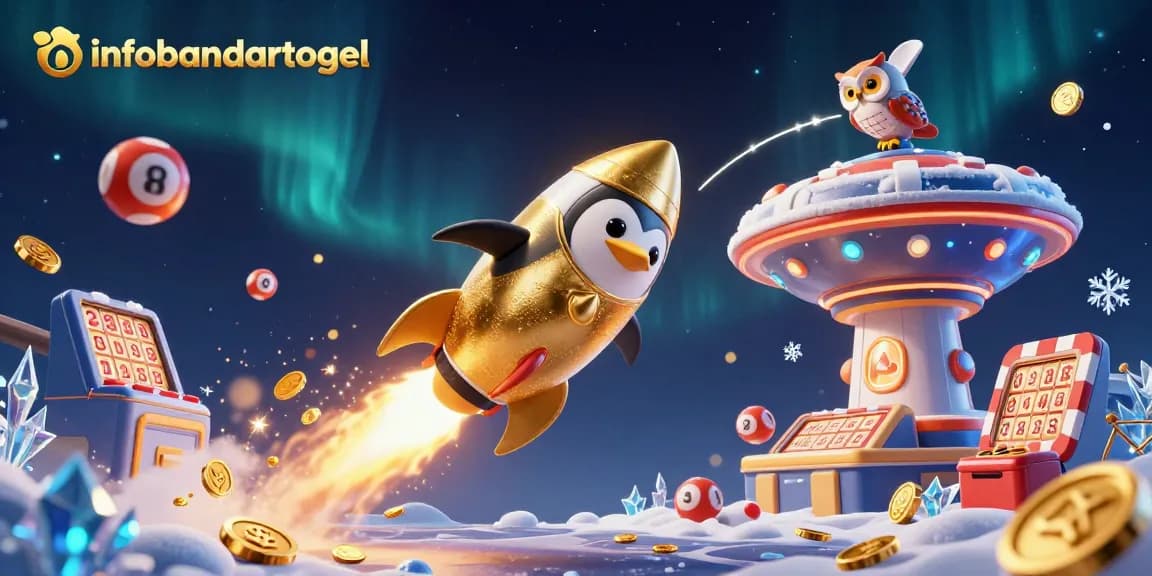 Infobandartogel presents a lottery-themed illustration emphasizing exciting gameplay with a golden penguin and vibrant elements.